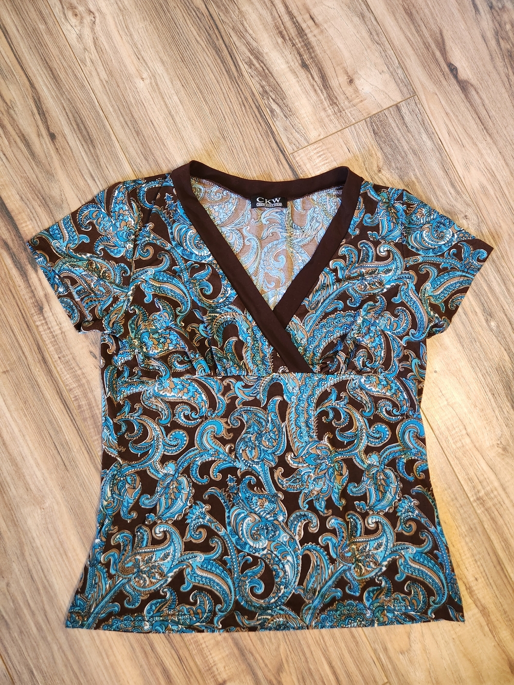 CKW Babydoll Brown & Turquoise Paisley V-Neck Top Size Medium